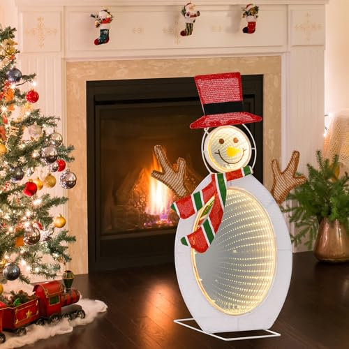 GYMAX LED Schneemann 64 cm, 2D Weihnachtsdeko mit LED Lichtern, rustikale Weihnachtsfigur mit Hut & Schal, Weihnachtsbeleuchtung für Garten, Terrasse & Innen