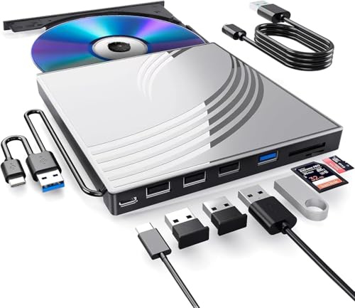 BPAKDU External CD/DVD Drive for Laptop, Ultra Slim CD Burner USB 3.0 Hub with 4 USB Ports, 2 TF/SD Card Slots,1 Type-C Port,DVD Player for Laptop Compatible with mac OS/Windows/Linux