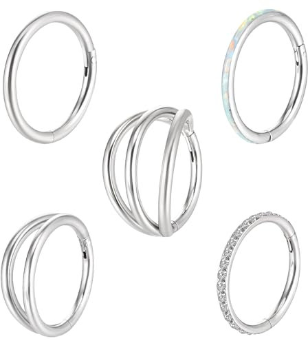 Lusofie 5 Stück Nasenpiercing Ring Nasenring Silberfarben CZ Klappbarer Nasenring Silber Piercing Nase Clicker Ring Septum Piercing Helix Ohrring Chirurgischer Stahl 18g Schmuck Ringe(8 Mm)