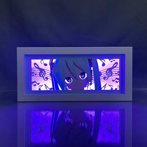 Zhongkaihua Miku Lichtkasten Skulpturen Papier Schatten Rahmen Kreative 3D Papier Schnitzlampe Miku Anime Charakter Papier Skulptur Lampe Kann 7 Farben ändern