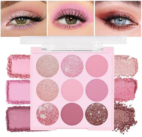 Lilbitty 1 Stück Pinke 9 Farben Lidschatten Palette, Hochpigmentierte Glitzer und Matte Töne, Wasserfeste Shimmer Eyeshadow Palette für Party, Cosplay und Abend Make-up, Schimmer Lidschatten