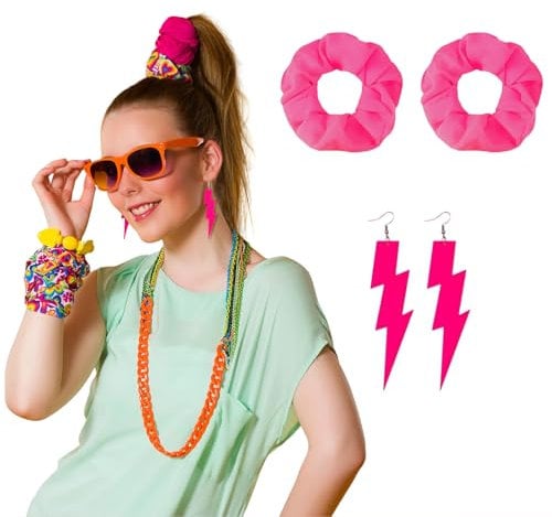 RYMAUP Lot de 2 élastiques à cheveux fluo des années 80, grandes boucles d'oreilles funky pour femme, style rétro années 80, acrylique, fête à thème des années 80, costume disco pour carnaval