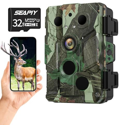 NEWOUMAO Wildkamera mit App 4K 48 Megapixel HD WLAN Bluetooth Wildkamera mit Bewegungsmelder Nachtsicht 120°, 0,2s Auslösen Extralange Standby-Zeit IP66 Wasserdicht 32GB SD Karte (L)