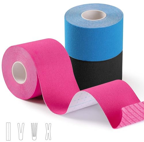 3 Rollen Kinesiotapes (5mx5cm), Kinesiologie Tape Sport Hergestellt mit Hochwertigem Acrylkleber, Wasserfeste Physio Tape, Physio Tape für Muskelunterstützung, Knieschmerzen, Ellenbogen und Schulter