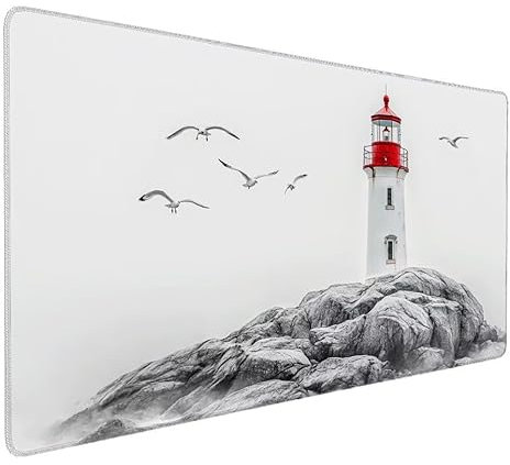 Tapis de Souris Blanc, Phare Tapis de Souris Gamer XXL 700x300x3mm Étanche Antidérapante Mouse Pad avec Coutures sur Les Bords - sous Main Bureau - Accessoire Bureau, pour Gamer, PC, Portable S-511