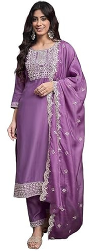 The Red Lion Enterprise Women's Designer Straight Kurti pant dupatta 3pc dress partywear Salwar Suit, Purple 2, Medium