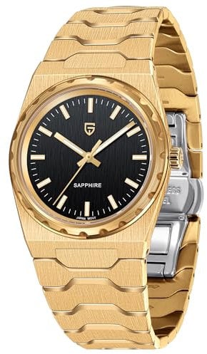 Pagani Design Herren Uhr 7MM Ultradünnes Edelstahl Gehäuse 100m Wasserdicht mit Saphirglas Japanisches Quarzwerk Minimalistisches Design 37mm Elegante Armbanduhr Herren (Gold Schwarz)