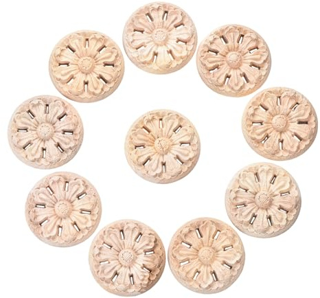 Unlackierte Holz-Onlay-Applikationen, Dekoration (Durchmesser 6 cm), unlackiert, rund, Schnitzerei-Aufkleber für Zuhause, Truhen, Schrank, Kommode, Bett, Wand, Kleiderschrank, Möbel, 10 Stück