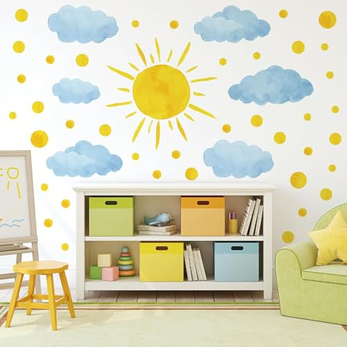 Flaxarne Wandaufkleber Sonne Wolken Wandtattoo Aquarell Abziehbar und Aufklebbar für Kinderzimmer Babyzimmer Jungen Mädchen Schlafzimmer Wohnzimmer Wanddeko