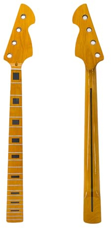 WUQIMUSC Bassgitarren-Hals-Ersatz – 86,4 cm Skala, 21 Bünde, Ahorn-Griffbrett mit 38 mm Sattelbreite, Blockeinlagen, gelbe glänzende Oberfläche