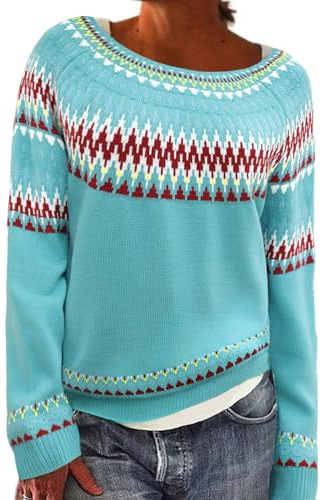 heekpek Pull Jacquard Femme Norvégien Alpaga Pulls Col Rond Sapin de Noël Ample Pull Femme Hiver Chaud Chic et Élégant Doux Sweat Tricoté Haut Pull'de Noel, Bleu Fair Isle, XXL