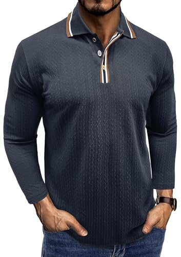 Volemo Men's Polo Shirts Long Sleeve Knitted Poloshirt Stretch T Shirt Golf Tops Navy Blue 2XL