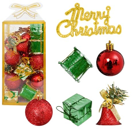 Taeku Mini Weihnachtskugeln, 32 Stück 4 cm Kunststoff Klingelglocken Trommel Schleife AnhäNger Baumkugeln Weihnachtsbaum Deko Weihnachtsdeko (Rot-Grün)