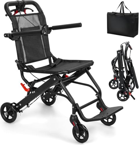 Sedia a rotelle pieghevole per adulti, sedia portatile da trasporto con pompa ammortizzante, freni a mano bloccanti, cintura di sicurezza, sedia a rotelle in alluminio da 5,9 kg, per viaggi e tutti i