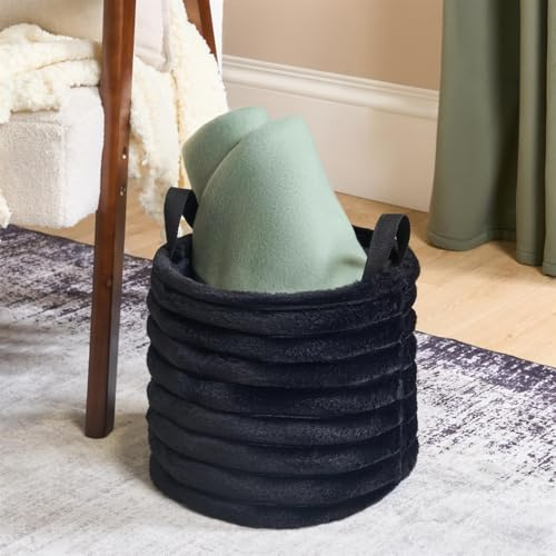 OHS Small Storage Baskets with Handles, Faux Fur Ribbed Storage Box for Home Office Organizer Soft Compact Decorative Storage Basket for Toys Laundry Blankets, Black