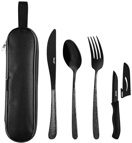 hecef Reusable Camping Cutlery Set with Portable Carry Case | 18/8 Stainless Steel, Travel Flatware, For Outdoor Picnic Office School Lunchbox
