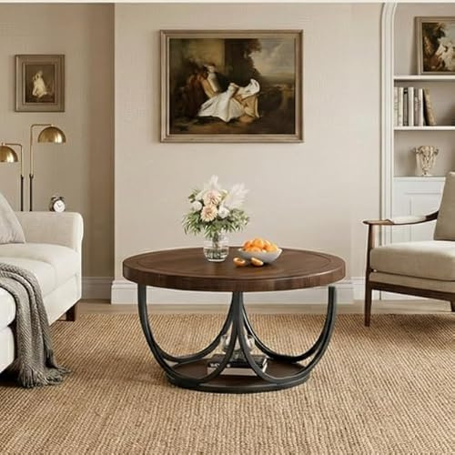 Tribesigns Runder Couchtisch mit 2 Etagen, 80 cm, runder Holzakzent, Cocktailtisch mit Ablagefach und Metallrahmen, industrielle Mitteltische für Wohnzimmer, Braun und Schwarz