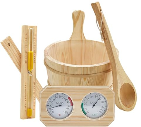 LeeQinersw Juego Accesorios Sauna 4L con Cubo de Madera - Incluye Cucharón, Reloj, Termómetro e Higrómetro - Para Bañera, Piscina y Hogar