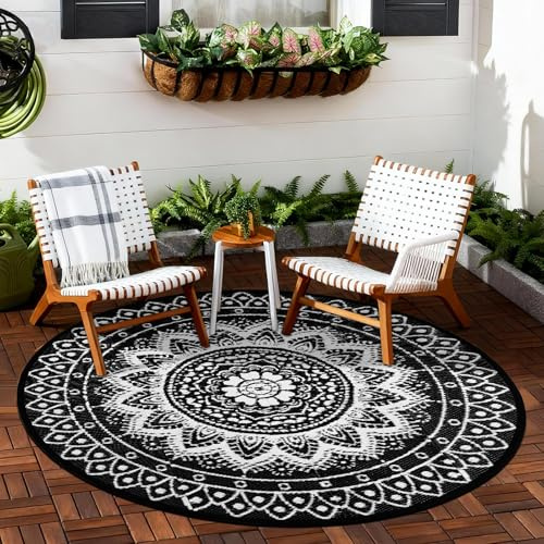 VSIWB Outdoor Teppich Rund Wetterfest Wendbarer Außenteppich Kunststoff Bodenmatte Terrassenteppich Picknickdecke UV-beständige Teppich für RV Camping BBQ Patio Deck Balkon Strand, 150cm Schwarz/Weiß