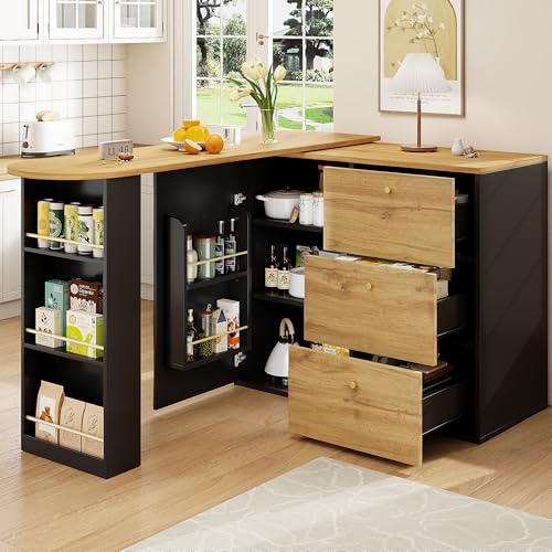FammyLoft Bar Table, Rotating Dining Bar with 3 Drawers, Extendable Table with Storage Space, High Kitchen Island Bistro Cabinet, Sideboard with Wood Grain Finish, Black