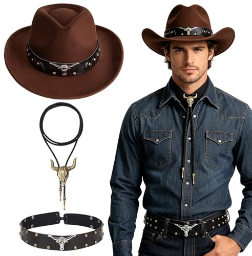GVMJHYK Cowboyhut Set mit Stierkopf Halskette & Hutband, Western Hut Verstellbar für Damen Herren, Karneval Fasching Halloween Kostüm Western Party