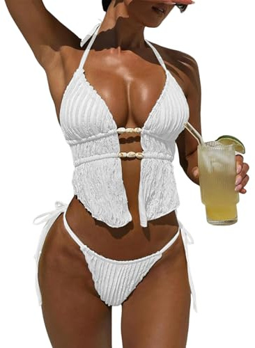 GRMLRPT Lot de 2 Pièces de Bain pour Femme Maillot de Bain Triangle à Col en V avec Boutons Decoratifs Taille Réglable Shorty de Bain Côtelé pour Plage et Piscine S à L