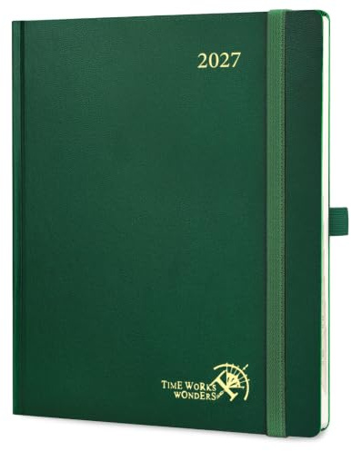 POPRUN Kalender 2027 Wochenplaner Vertikal ca.A4(25,9 x 21,2cm) Hardcover | 12-Monate-Terminplaner(Jan.2027-Dez.2027),1 Woche 2 Seite Buchkalender mit 100 GSM Papier für Büro, Studium(Dunkelgrün)