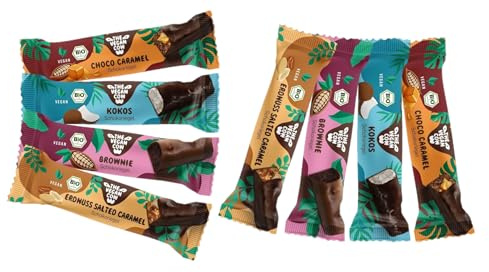 THE VEGAN COW - Probierpaket - 4 Sorten - 8 Schokoriegel je 40g - Choco Caramel - Kokos - Brownie - Erdnuss Salted Caramel - vegan, bio, glutenfrei - 100% natürliche Zutaten