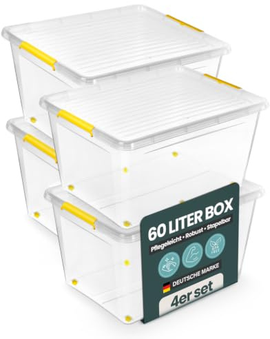 Kreher Aufbewahrungsbox mit Deckel transparent - stapelbare Kunststoffbox mit Rollen & Clips - robuste Ordnungsbox nestbar - Universalbox zur Aufbewahrung - 30L bis 145L XXL (4, 60 Liter)