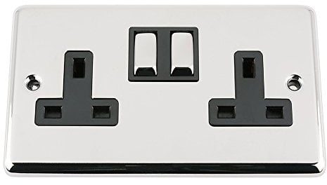 Wall Socket 2 Gang - Polished Chrome Classic - Black Insert - Metal Rocker Switch - 13A Double Plug Socket