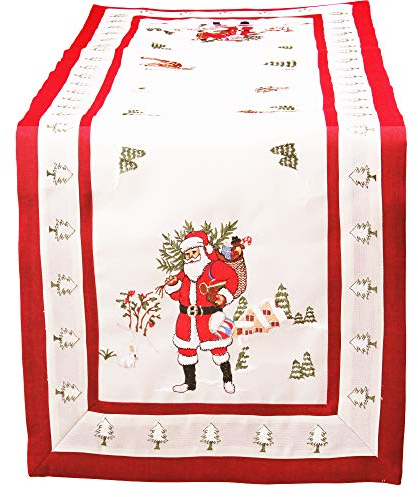 Quinnyshop Weihnachts-Tischdecke, Tischläufer Bestickt mit Weihnachtsmann ca. 30x70 cm Polyester, Rot/Crème