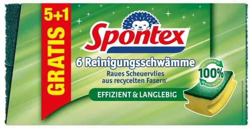 Spontex Recycelte Fasern Reinigungsschwamm, nachhaltiger Scheuerschwamm mit Vlies aus 100% recycelten Fasern, ideal für Töpfe und Pfannen, Griffleiste, 1 x 6er Pack