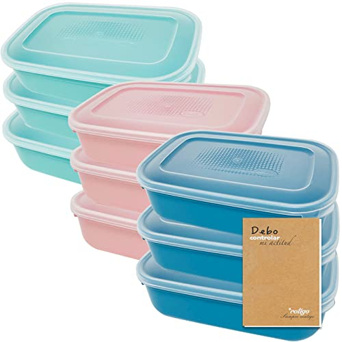 Codil Juegos Recipientes de Plásticos para Alimentos, Tapers Rectangular Reutilizables con Tapa para Comida Sin BPA, Apto para Microondas Lavavajillas y Congelador (Rosa Verde y Azul, 1.6L x 9)