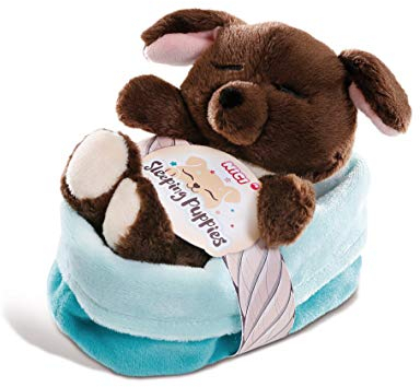 NICI 48112 Puppy Kuscheltier Sleeping Puppies Hund 12cm, braun, im blau-grünen Körbchen, S