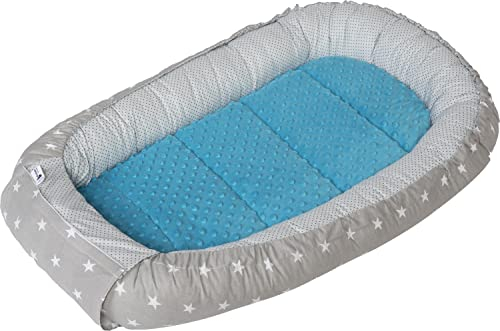 Medi Partners Babynest Kuschelnest Babynestchen 100% Baumwolle Nestchen Reisebett für Babys Säuglinge 100x60x15cm herausnehmbarer Einsatz (graue Sternen mit türkisen Minky)