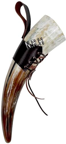 Nautical Replica Hub Tazza in corno vichingo, fatta a mano, in vero corno vichingo, con cinghie in pelle, calice per birra e vino, boccale in corno di bue, con cinghie in pelle