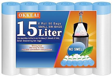 OKKEAI Small Bin Liners 15L Bin Bags Pedal Waste Bags White Trash Bags Drawstring 90 Counts Bathroom Garbage Bags with Tie Handles for Toilet,Kitchen,Office,Bedroom,Fit 12L-20L Rubbish Bin