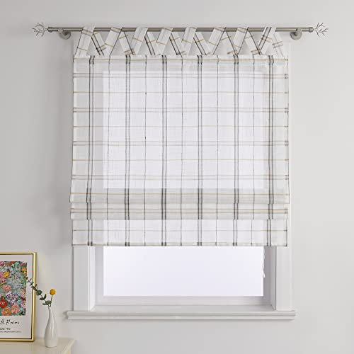 Joyswahl Leinenoptik Raffrollo mit Kariert Design Schals »Jill« Raffrollo mit V-Schlaufen Landhausstil Fenster Vorhänge BxH 120x140cm Grau 1 Stück