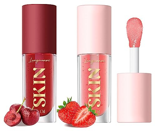 2 Pack Big Brush Head Lip Gloss, Hydrating Lip Oil Set, Pink Clear Fruit Flavoured Plumping Lip Gloss, Moisturizing Non-sticky Fresh Texture Lip Blam (Cherry+Strawberry)