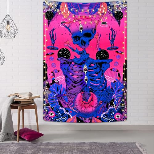 Alishomtll Skelett Schädel Wandteppich Ästhetische Lila Magenta Wandbehang Fantasy Mysterious Vertikale Rose Rot Wandteppiche Hippie Trippy Wandtuch für Schlafzimmer Wohnzimmer 210x150cm