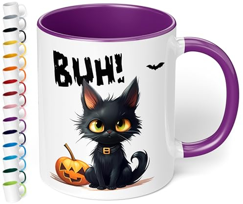 True Statements Halloween Keramik-Tasse „BUH! Schwarze Katze“ – ca. 330ml –Kaffeebecher mit Spruch, kleines gruseliges Geschenk (Violett)