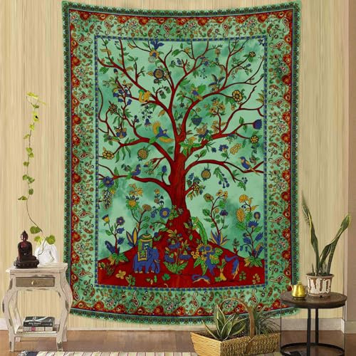 Zussun Tapisserie verticale arbre de vie verte de la forêt indienne pour chambre à coucher, esthétique, nature, floral, plantes, tenture murale hippie, teinture par nœuds pour salon, dortoir (91,4 x
