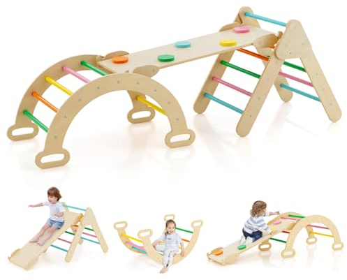 COSTWAY Kletterdreieck mit Rutsche, Kletterbogen, inkl. doppelseitige Rampe, zum Klettern, Rutschen und Wippen, 4 in 1 Klettergerüst Indoor ab 1 Jahr (Bunt)