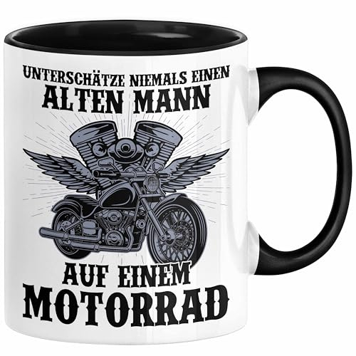 Motorradfahrer Geschenk Tasse Kaffee-Becher Motorrad Spruch Unterschätze Niemals Einen Alten Mann Auf Einem Motorrad Spruch Männer (Schwarz)