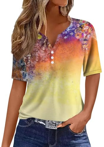 LSAltd Tshirt Damen Sommer Damen Oberteile Crop Tops Damen Bluse Kurzarm Damen Blusenkleid Damen Tshirt Elegant Blazer Damen Sportlich Musselin Bluse Damen Generic Blusen Damen Sommer（2-Saffron,XXL）