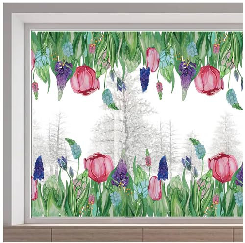 GORGECRAFT 116x38cm Große Fensteraufkleber Mit Tulpenblumen Doppelseitig Fensteraufkleber Mit Naturblumen Frühlingsfensteraufkleber Statische Vinylfolie Für Glasschiebetüren Verhindert Vogelschlag