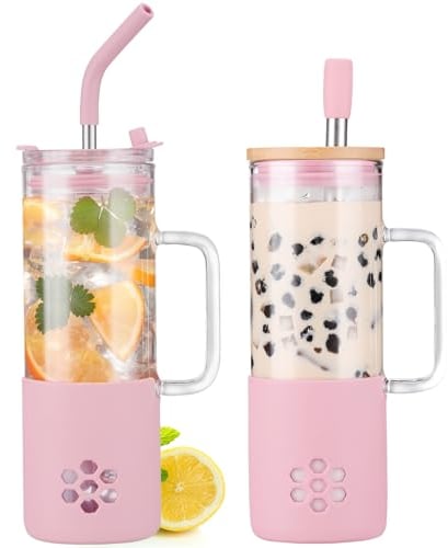 BLUEGO 600ml Glass Cups with 2 Lids and Handle, Cute Glass Tumbler with Straws and Silicone Sleeve, Iced Coffee Cup, 0.6L Smoothie Tumbler, Reusable Bubble Tea Cup, Travel Mug,Pink