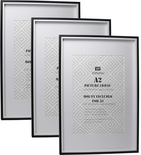 Black & White Two Tone A2(42x59.4cm) Picture Frames Set of 3 with Mounts for A3(29.7X42CM), A3 boxed photo frames 3pack,A2 wooden Effect Poster Frame Mount for A3 photo