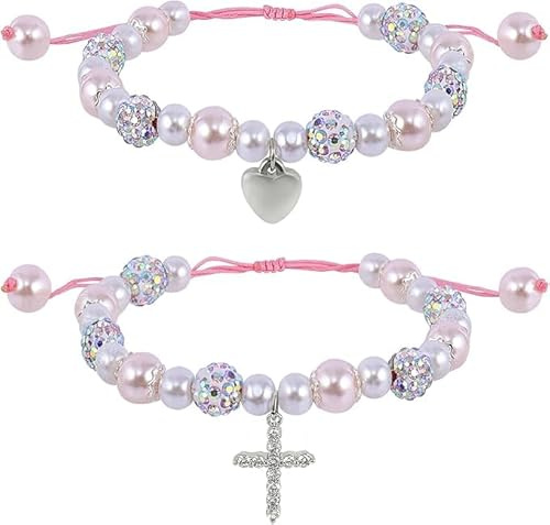GOWTX 2 Stück Erstkommunion Geschenke Armbänder aus Perlen, Herz und Kreuz Motiv Rosenkranz Armbänder, Rosa Perle und Strasskugeln Herz Armband Mädchen