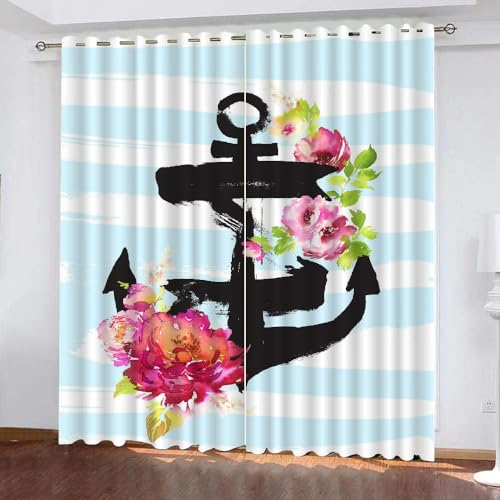 GIOVIA 3D Anker Vorhänge Abdunkelnde mit ösen 2 Stücks Gardinen Blickdicht Verdunkelungs Ozean Maritim Kälteschutz Scheibengardinen für Junge Mädchen Schlafzimmer B 280 X H 260 cm